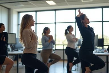オフィスでストレッチや簡単な運動をするビジネスパーソン